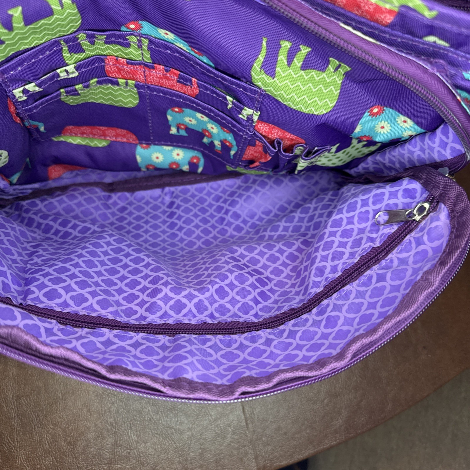 J World New York Canvas Messenger Bag Purple Elephants 14.5”