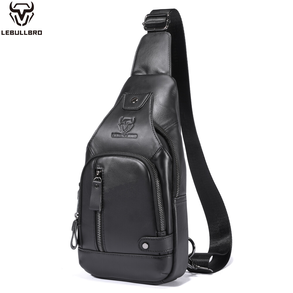 LEBULLBRO Genuine Leather Chest Bag Crossbody Sling Bag for Men Adjustable Strap