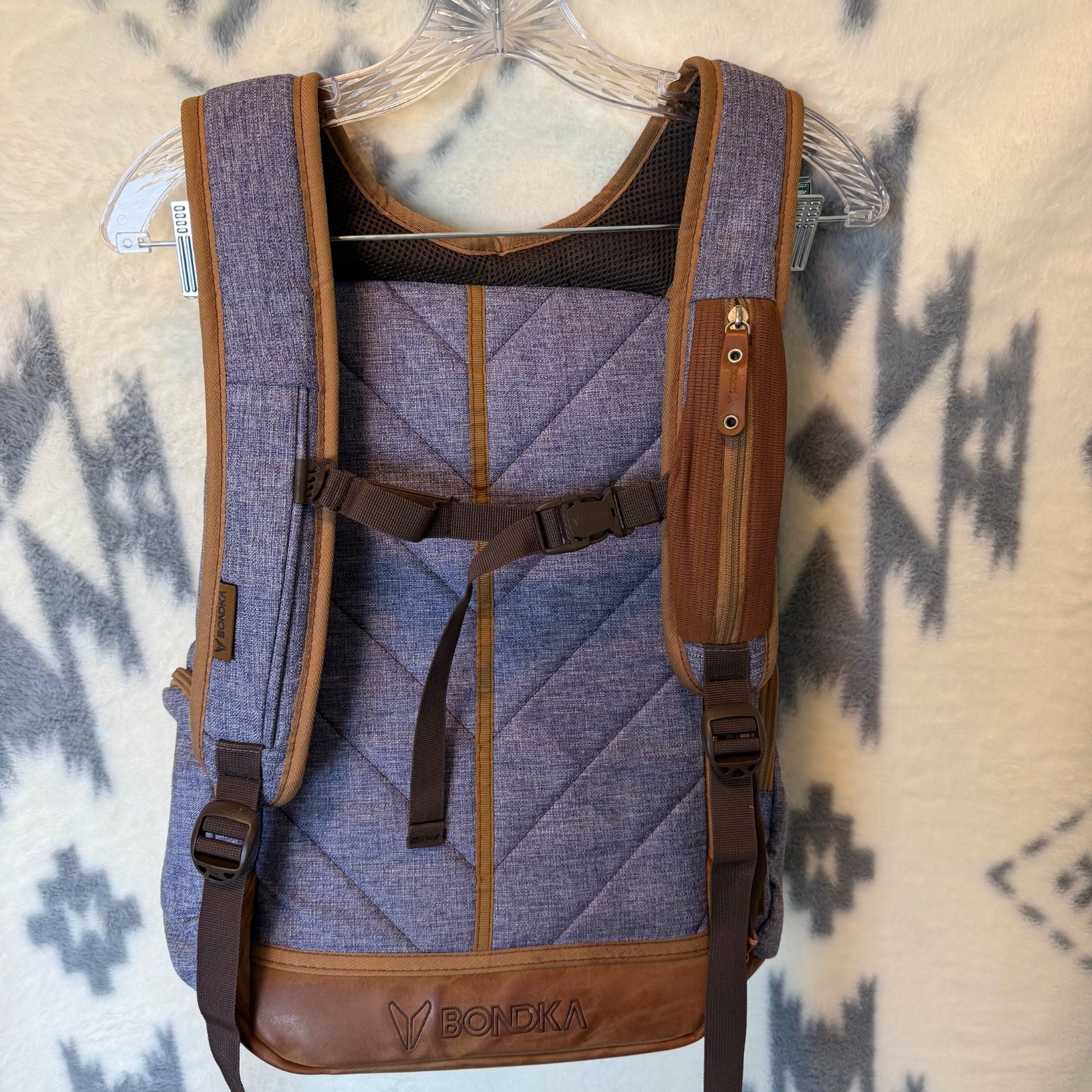 Bondka Jigsaw Backpack Heather Blue Canvas Tan Leather Daypack