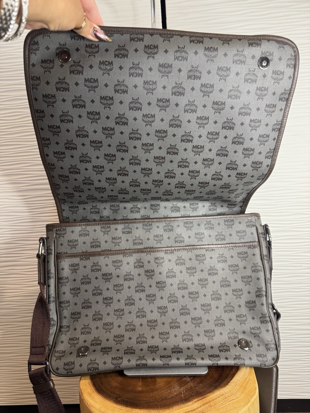 Authentic MCM Visetos Messenger / Crossbody Bag (Grey/Dark Brown)