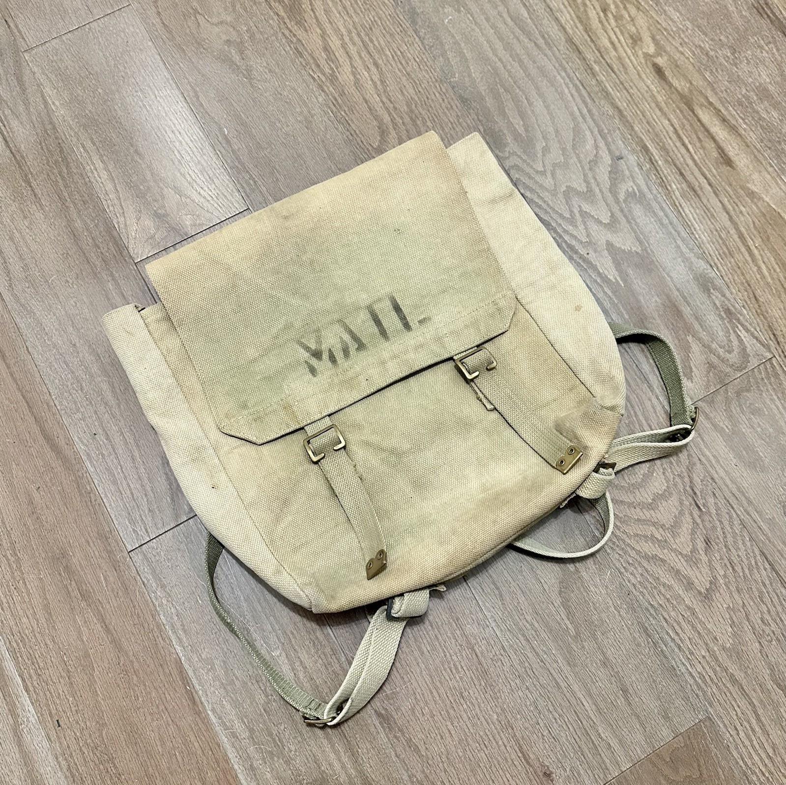 Vintage WWII British Mail Carrier Messenger Bag Backpack Stencil Workwear Tan