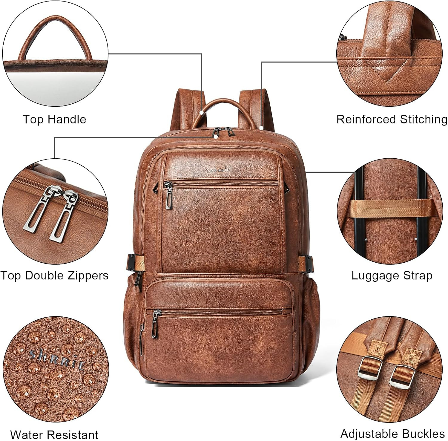 17″ Vegan Leather Laptop Backpack with Tumbler Holders for Work & Travel