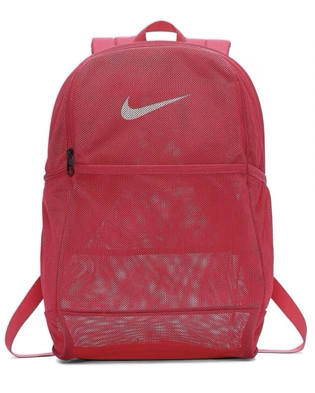 Nike Red Mesh Knit Backpack Comfort Strap Zip Close Divider Transparent Swoosh