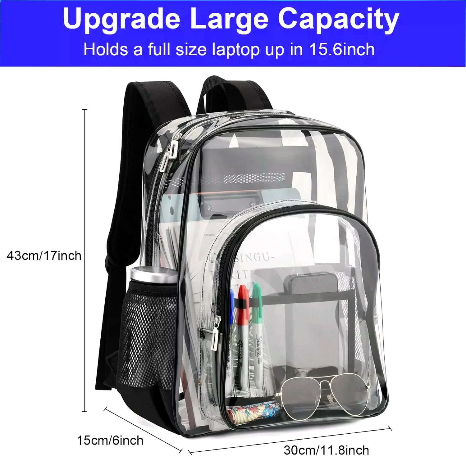 LARGE HEAVYDUTY CLEAR BACKPACK Transparent See Tru PVC School Bookbag – Stadium