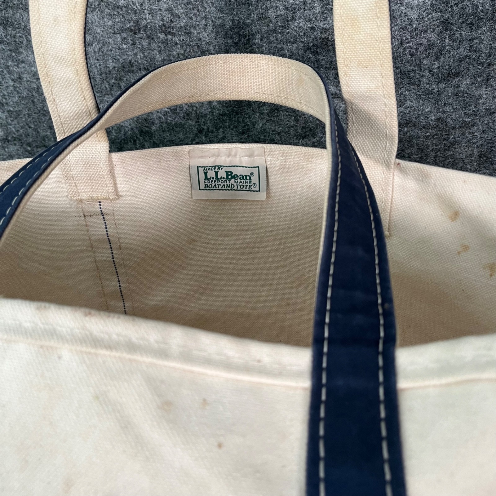 Vintage Boat & Tote Bag LL Bean USA Utility White Navy Outdoors Canvas Beach 80s