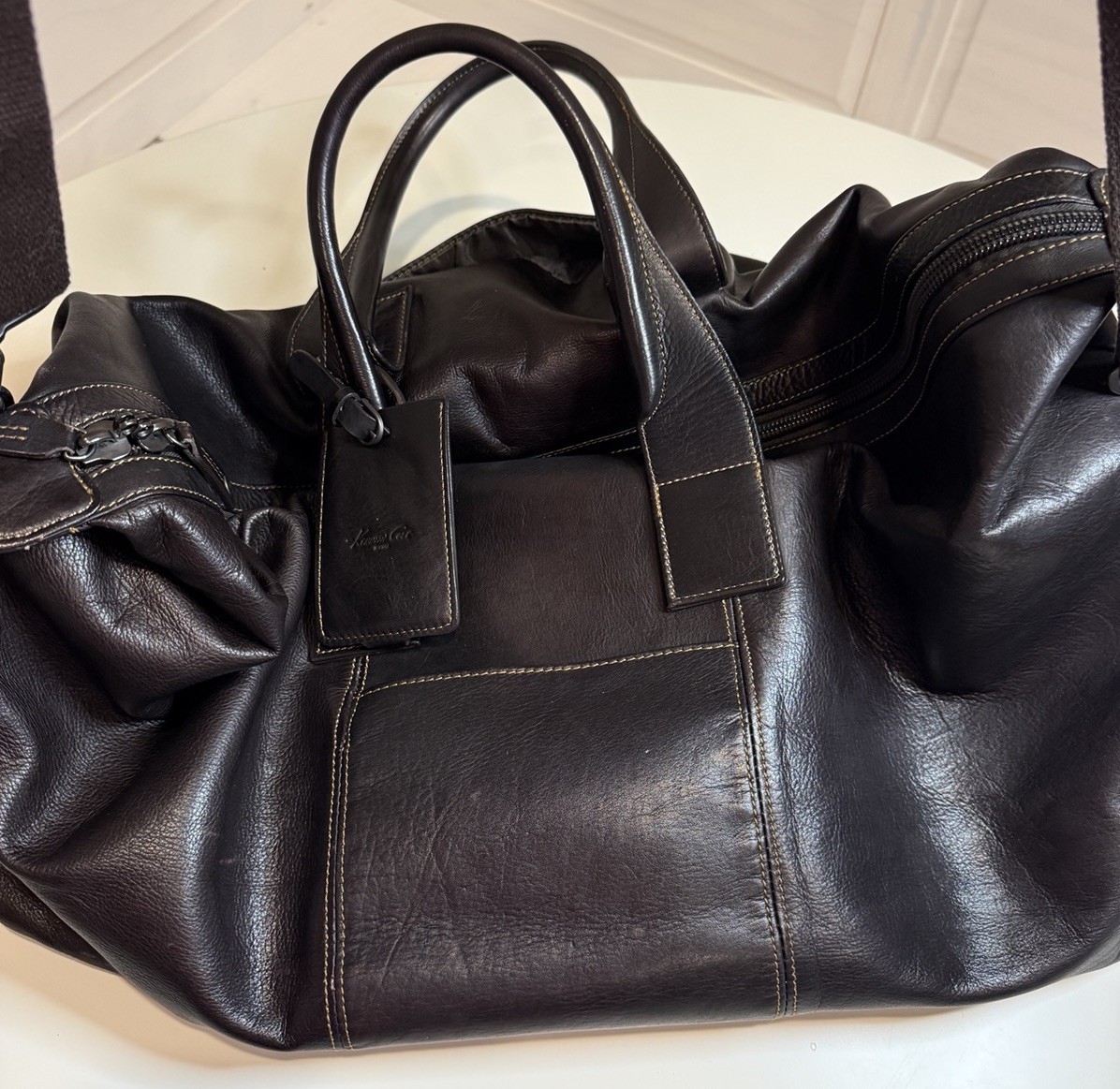 Kenneth Cole Dark Brown Genuine Leather Duffle Weekender Travel Bag Vintage Y2K