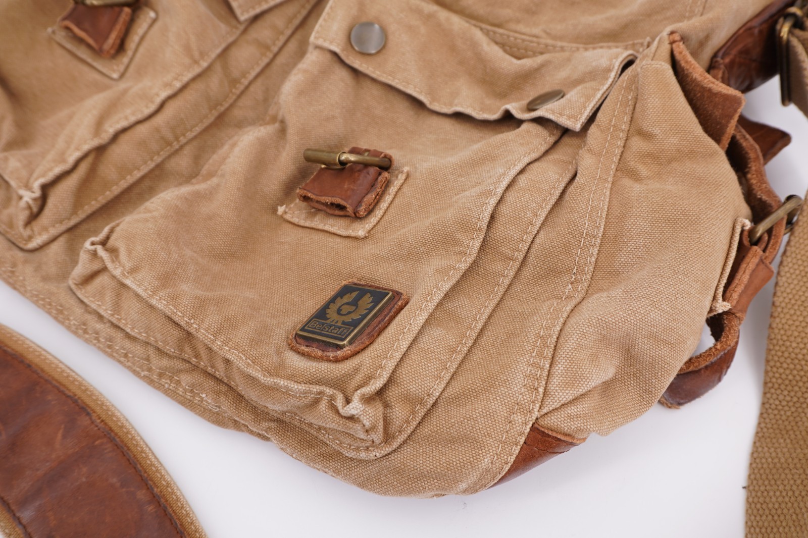 $845 | BELSTAFF COLONIAL COTTON TWILL LEATHER MESSENGER SATCHEL MOUNTAIN TAN
