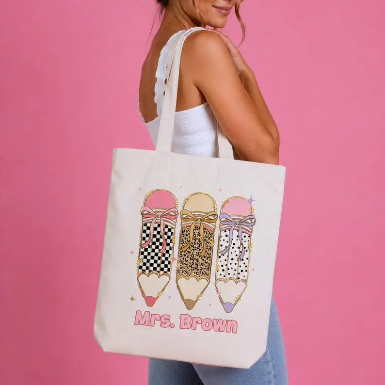 Personalized Teacher Canvas Tote Bags Pencil Bow School Gift