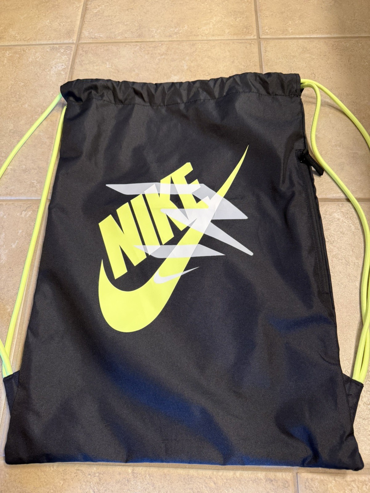 Nike Heritage Drawstring Gym Sack Backpack Black Volt Futura Logo Zip Pocket