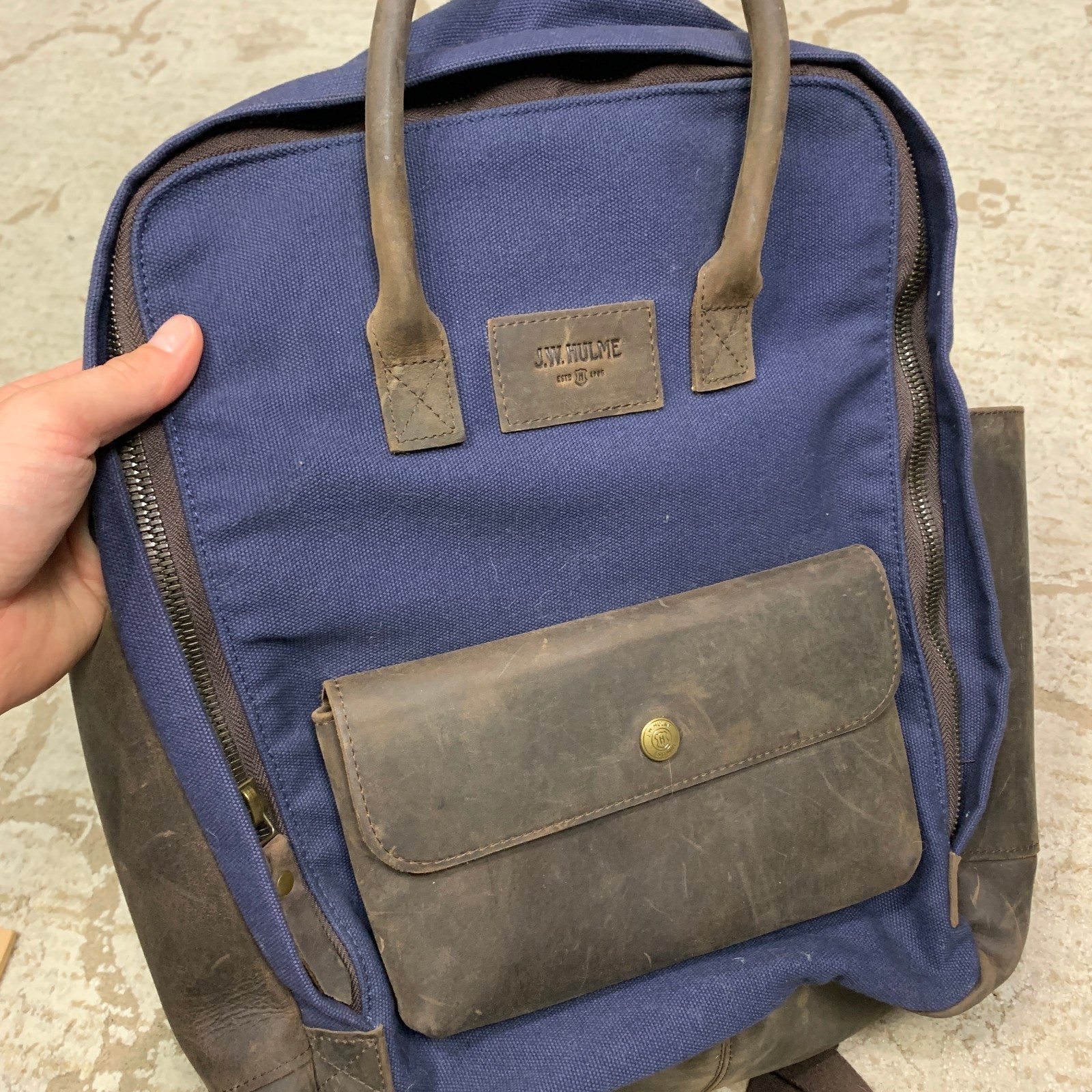 JW Hulme Leather Canvas Backpack Blue Brown
