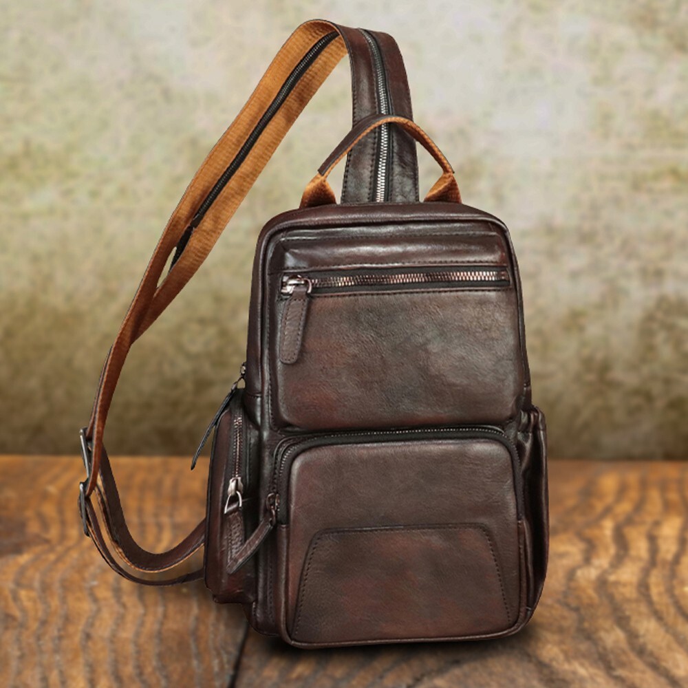 Genuine Leather Large Sling Bag for Men Women Crossbody Bag Sling Backpack Purse