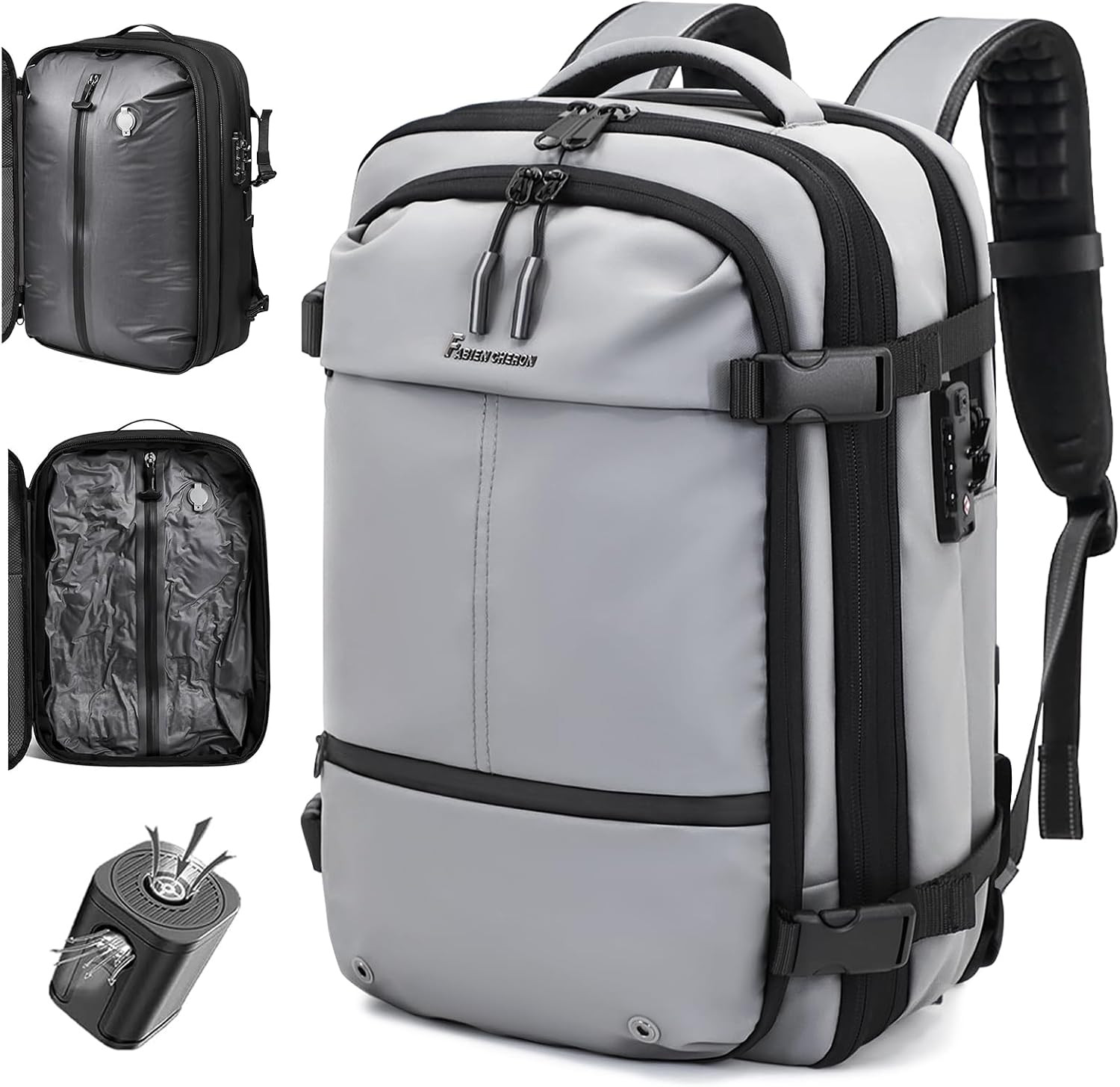 60L Vacuum Travel Backpack TSA Lock 17.3in Laptop Expandable Air Pump Grey