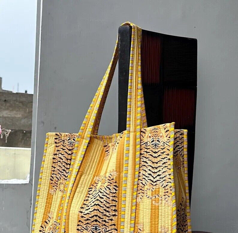 Yellow Tiger Print Quilted Cotton Shoulder Bag Beach Style Women’s Handbag
