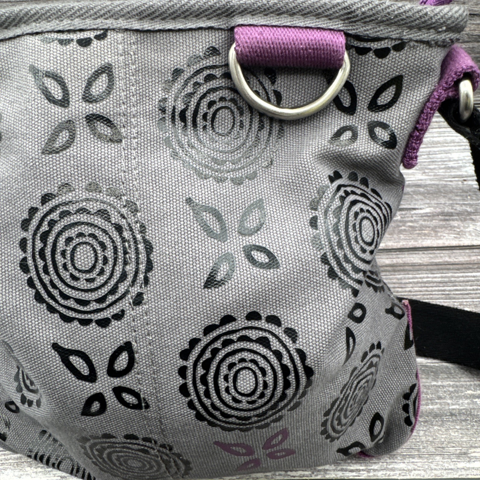 VTG Life Is Good GreyFloral Shoulder Bag Zip Top Adjustable Strap Lined Pockets