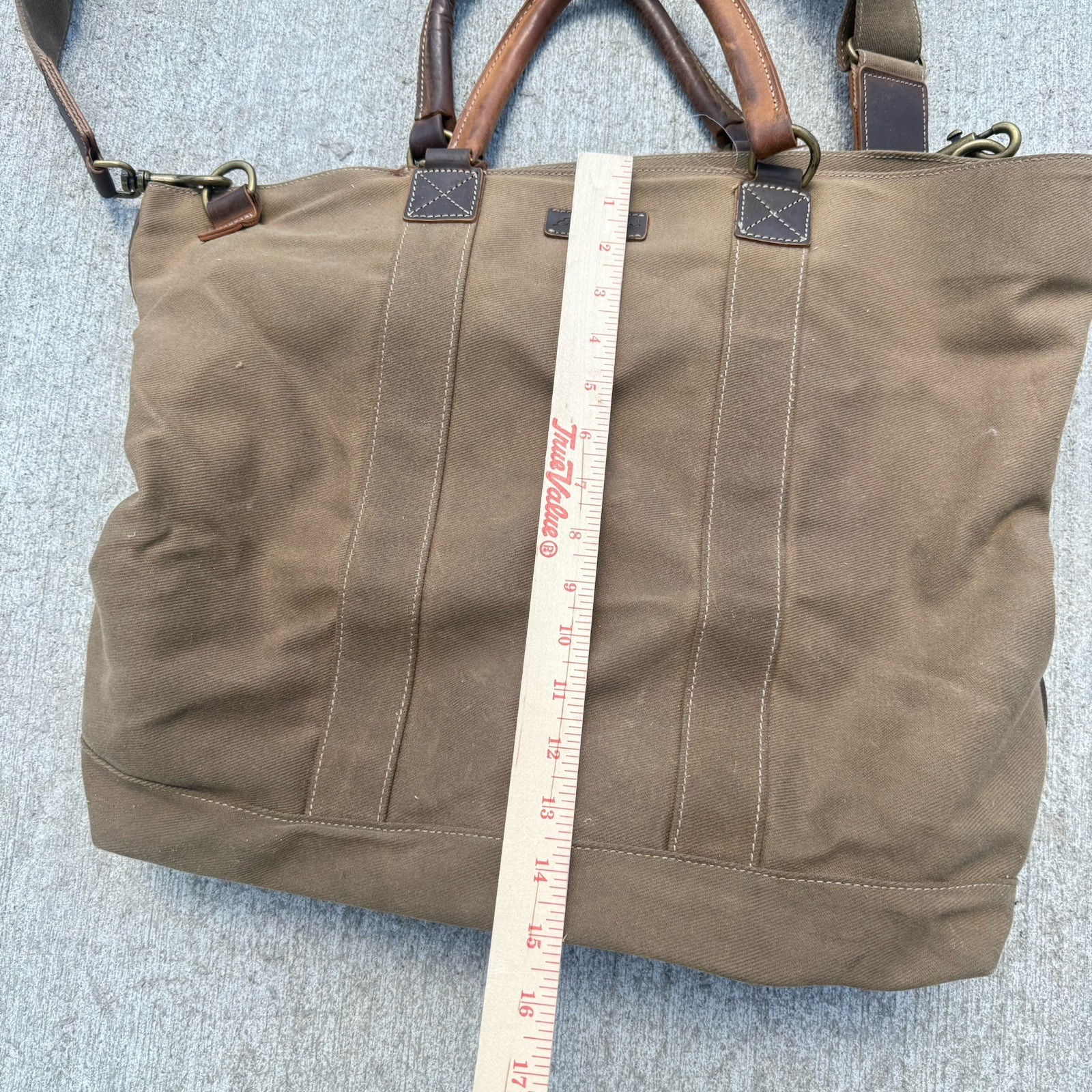 VTG Eddie Bauer Brown Leather Beige Cotton Canvas Messenger Bag Crossbody Strap
