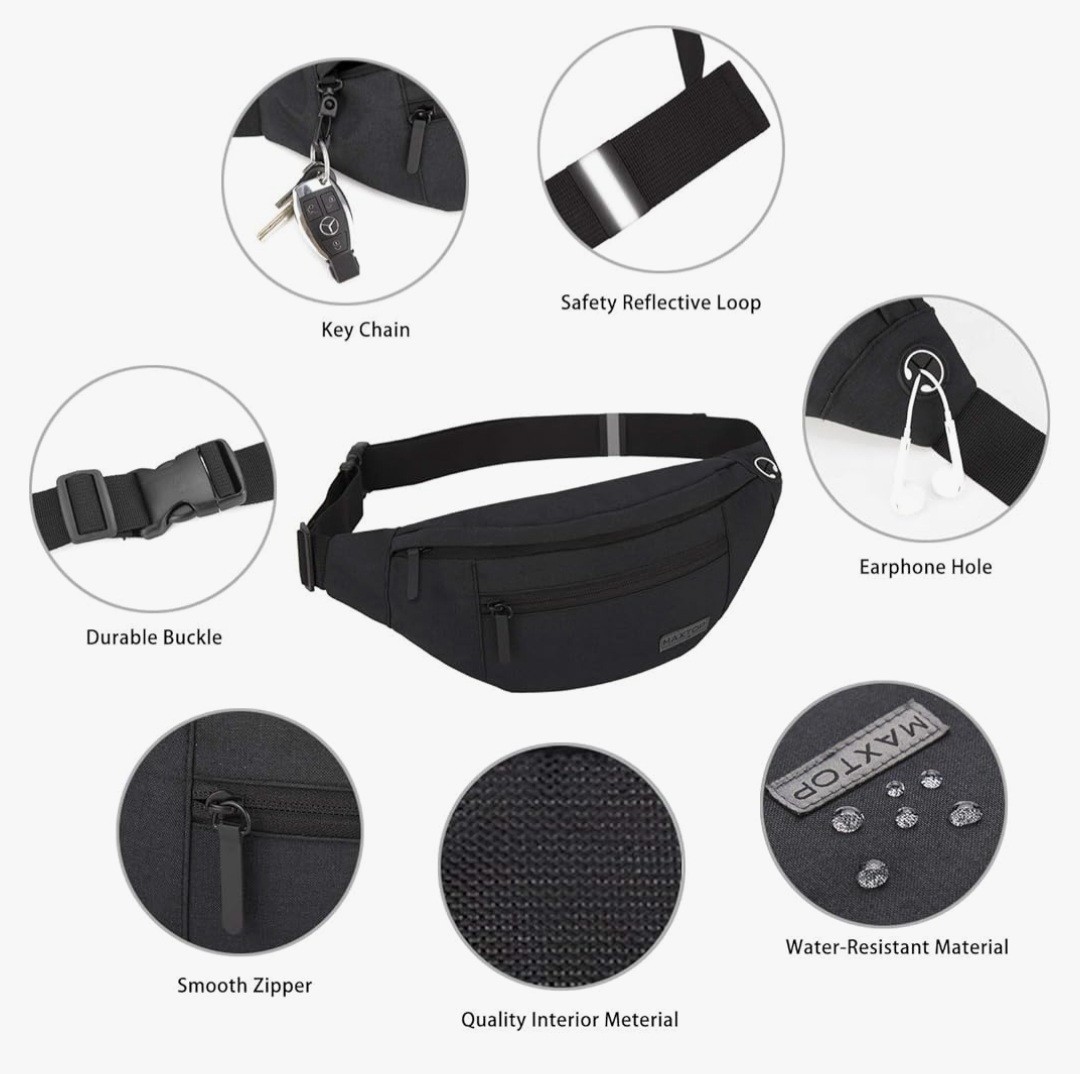 Crossbody Adjustable Belt Bag Hesdphone Jack 4 Zipper Pockets Reflective
