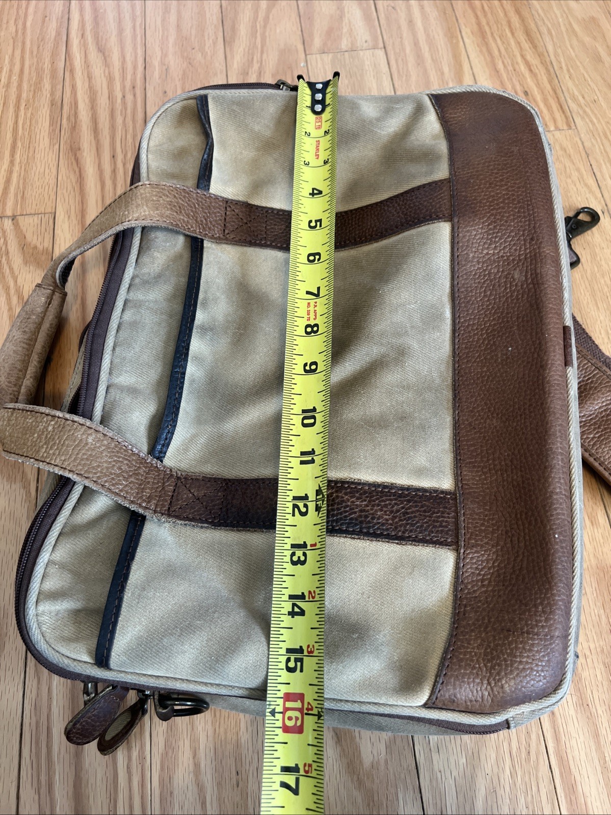 LL Bean Canvas Messenger Crossbody Bag Push Lock Leather Trim Tan Brown