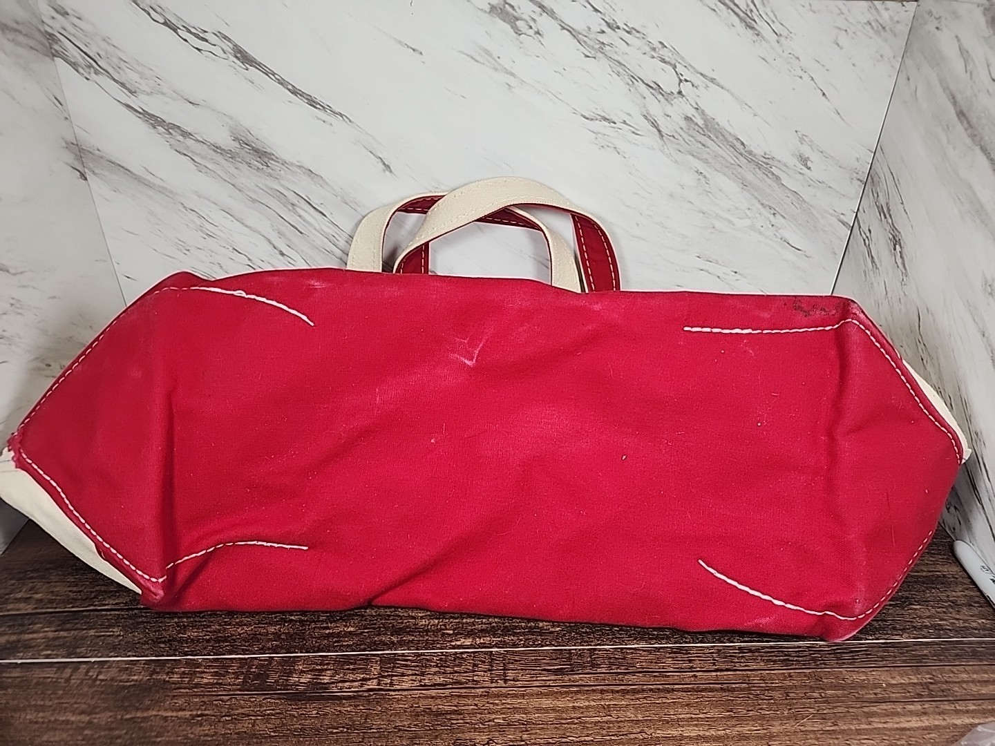 ☆Vintage☆ LL Bean Boat and Tote Bag Large Ivory Red Stiff Canvas Sawtooth Label