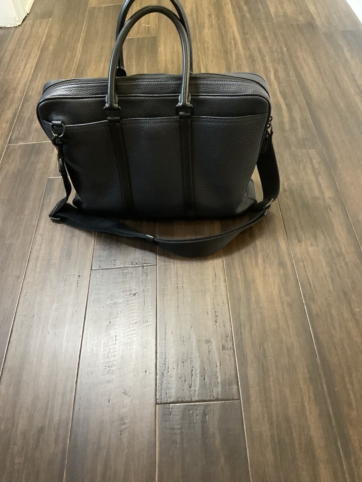 COACH Men’s Pebble Leather 57781 Navy Black Briefcase Bag Metropolitan Slim