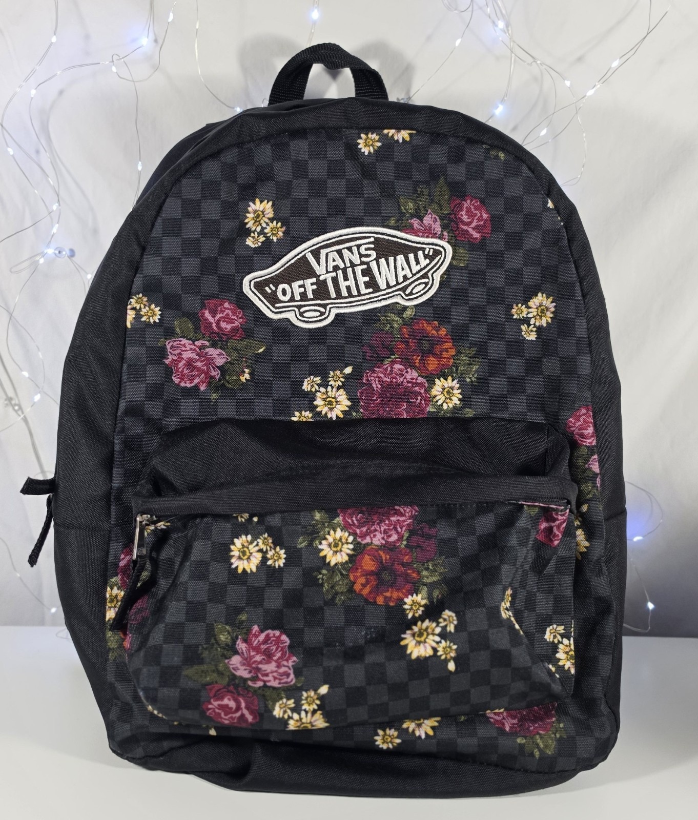 Vans Realm Backpack Black Charcoal Checkerboard Floral Roses Daisy Backpack A34