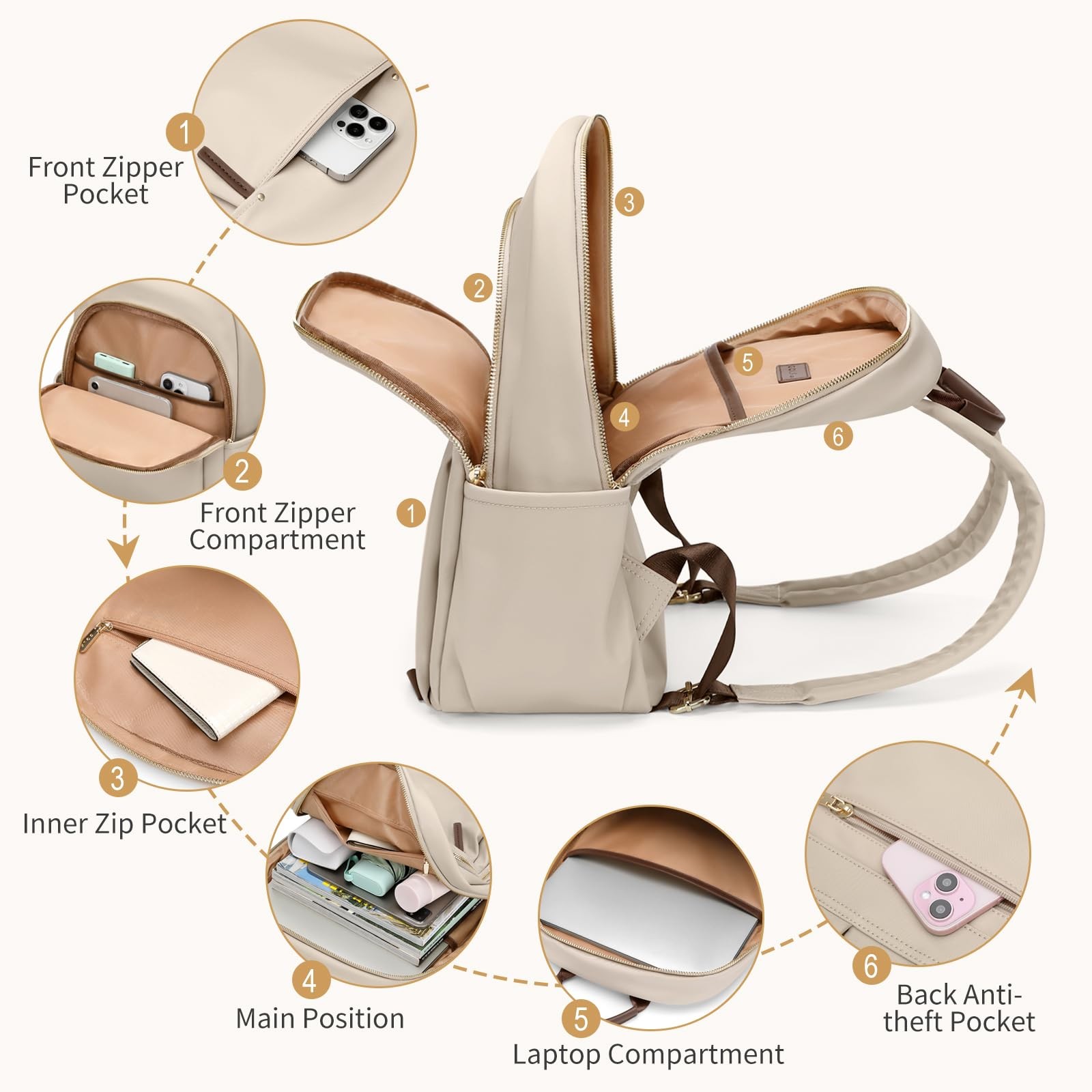 Stylish Laptop Backpack For Women Computer Bag Fits 14 Inch Notebook Apricot