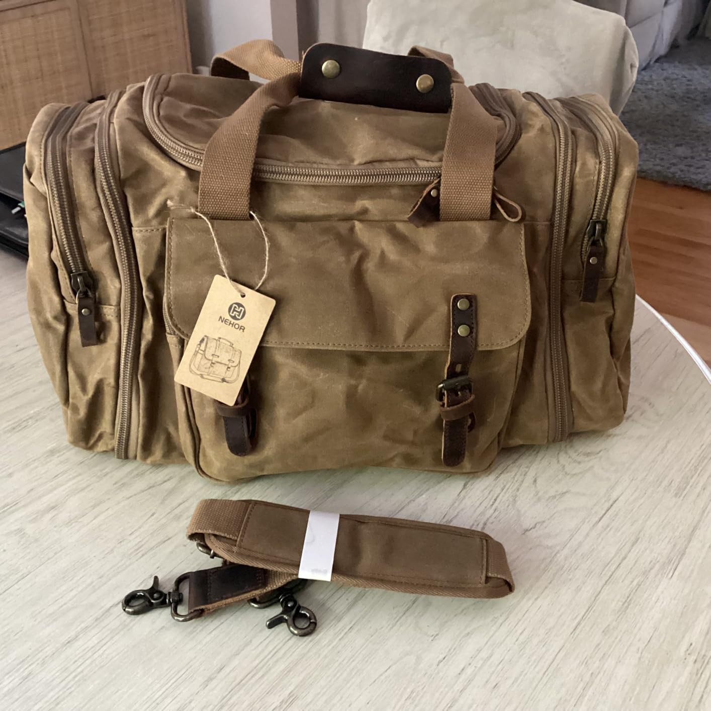50L Waxed Canvas Duffel Bag, Coffee/ ArmyGreen | Waterproof Travel & Weekend Bag