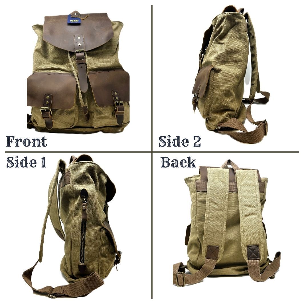 R&R Leather & Canvas Backpack Bag – 508-2Z- Khaki
