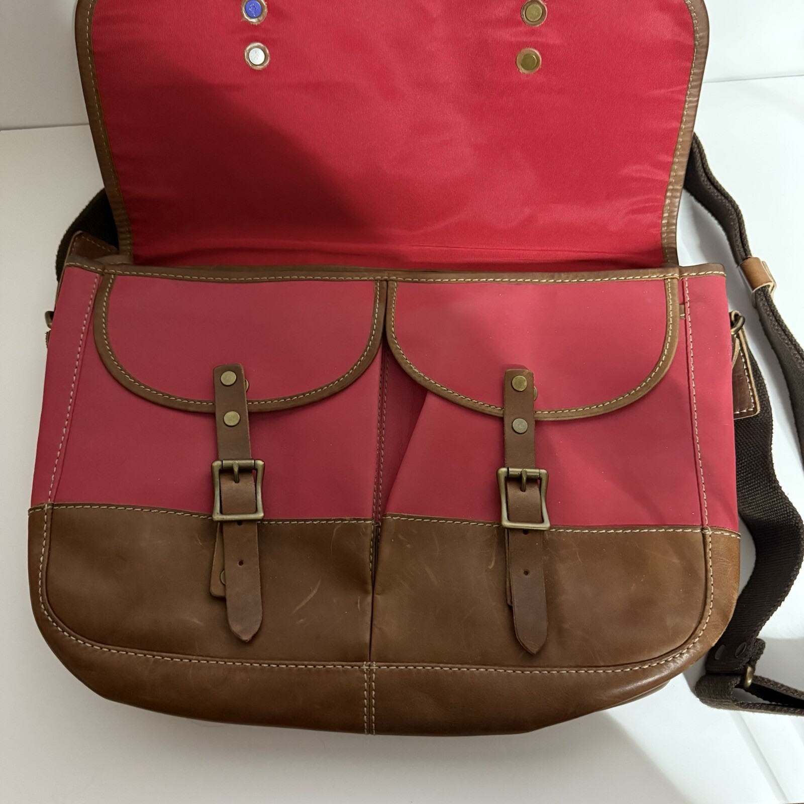 Cole Haan Reflective Leather Messenger Bag Red Brown Canvas Vintage Style