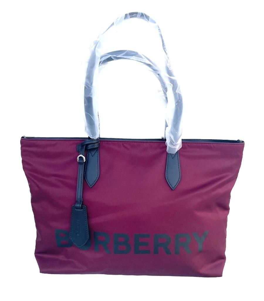Burberry LL MD Nylon and Leather Tote Bag, in Dark Red, Made in Italy