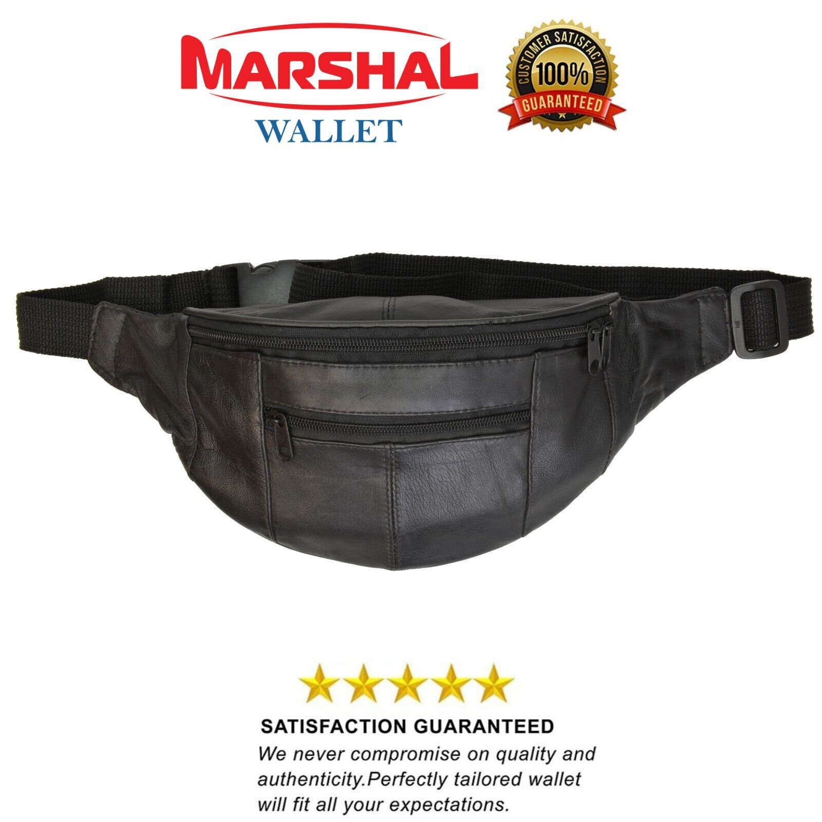 New Black Leather Waist Fanny Pack Travel Belt Bag Hip Travel Pouch 40″ Waist