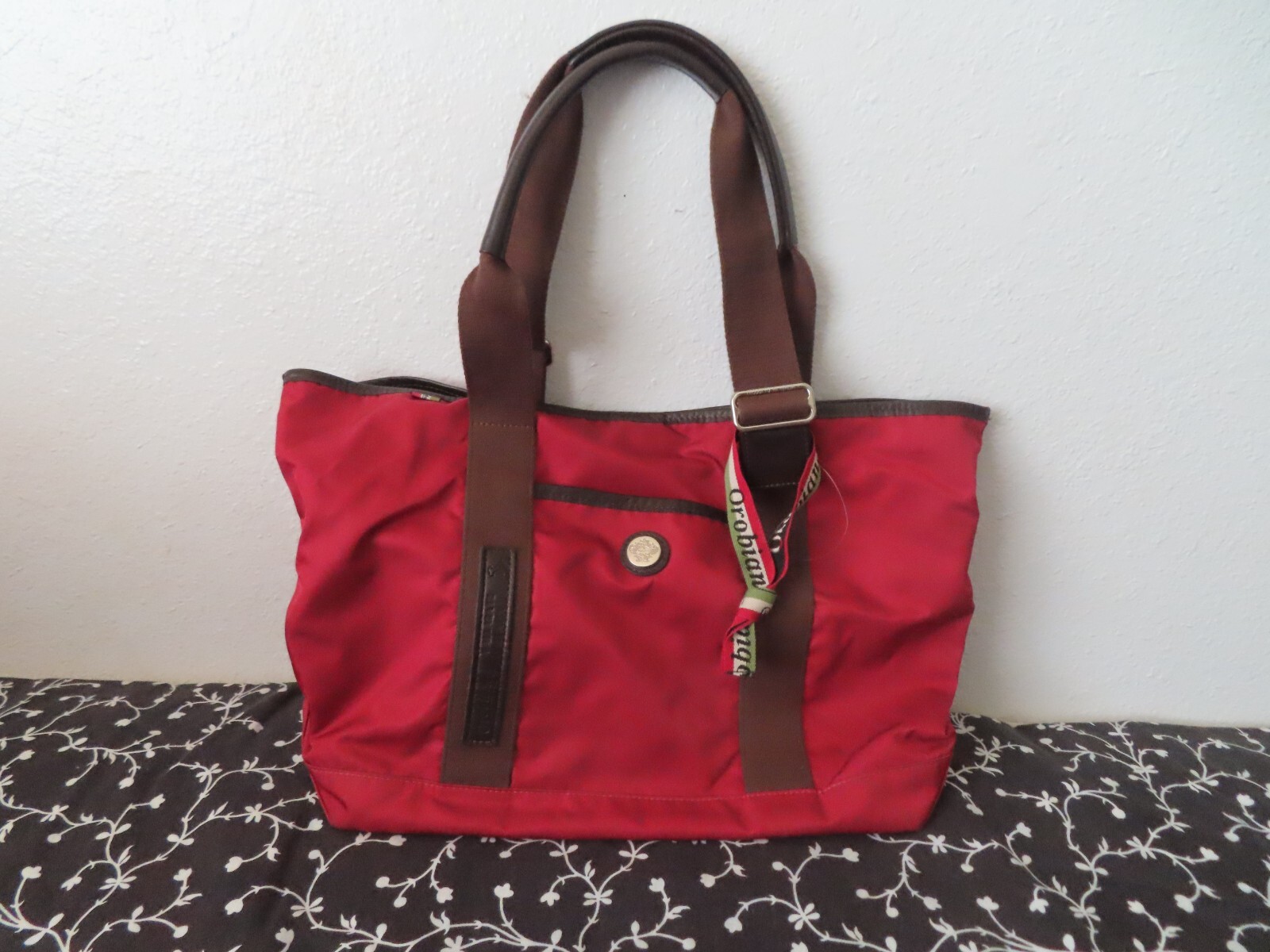 Orobianco Italian Bag Nylon & Leather Adjustable Shoulder Bag Red & Brown