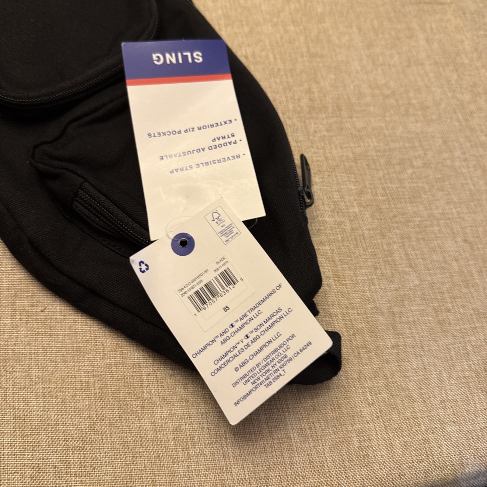 Champion Sling Bag Black Padded Adjustable Strap Exterior Zip Pockets