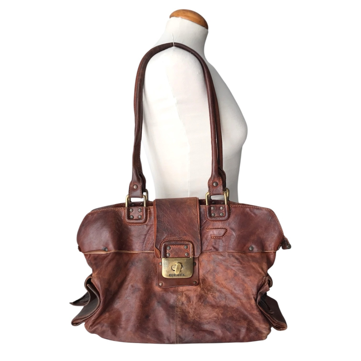 DIESEL Vintage Shoulder Bag Medieval Distressed Steampunk Industrial Golden City