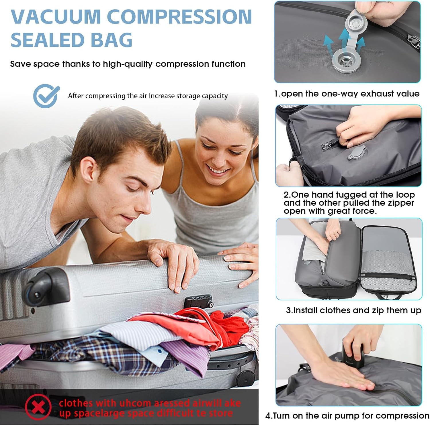 Vacuum Compression Backpack for Travel, 47L Expandable Backpack with Pump, 17 in