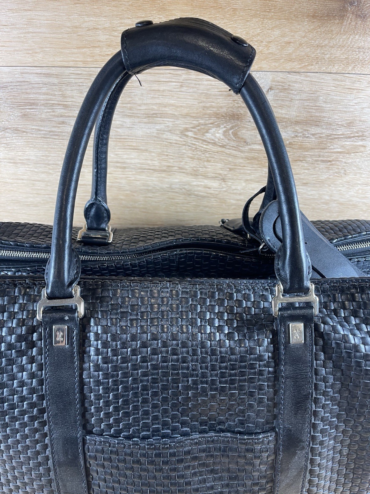 Cole Haan Black Woven Leather A Line Duffle Weekender Bag $2595