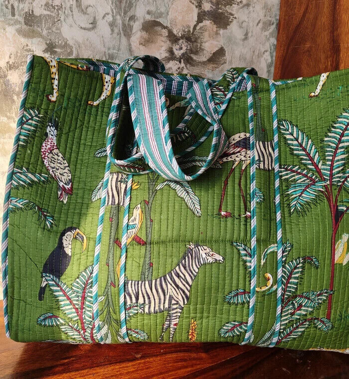 Indian Green Tiger Printed Quilted Shoulder Bag Women’s Beach Cotton Handbag