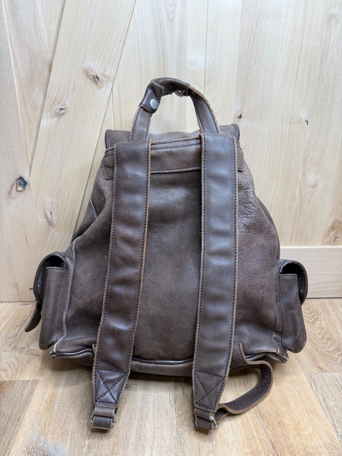 Vintage XL Genuine Cowhide Leather Backpack Brown Drawstring Buckle Flap Multi P