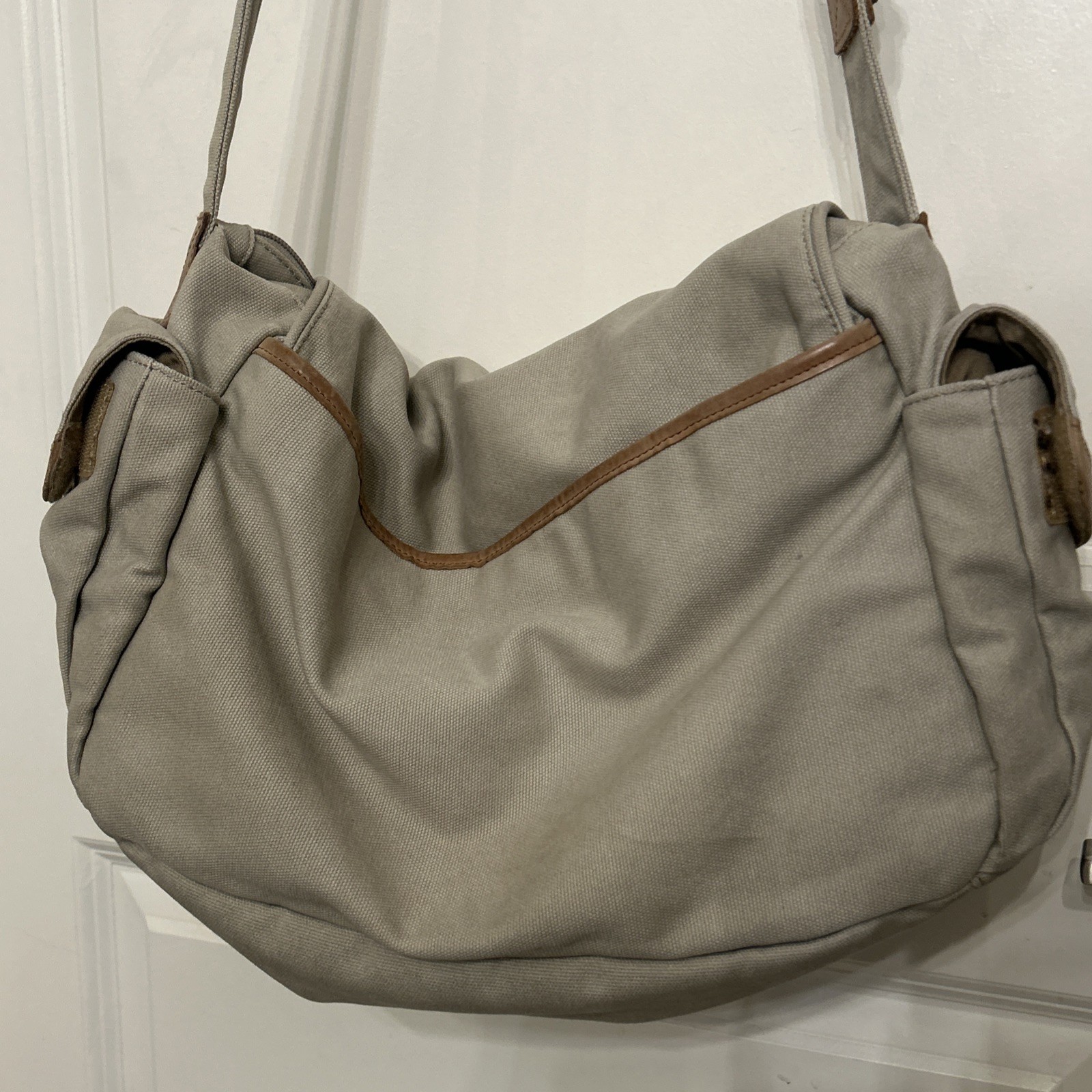 100% Cotton LL Bean Canvas Leather Cross Body Utilitarian Messenger Tote Bag