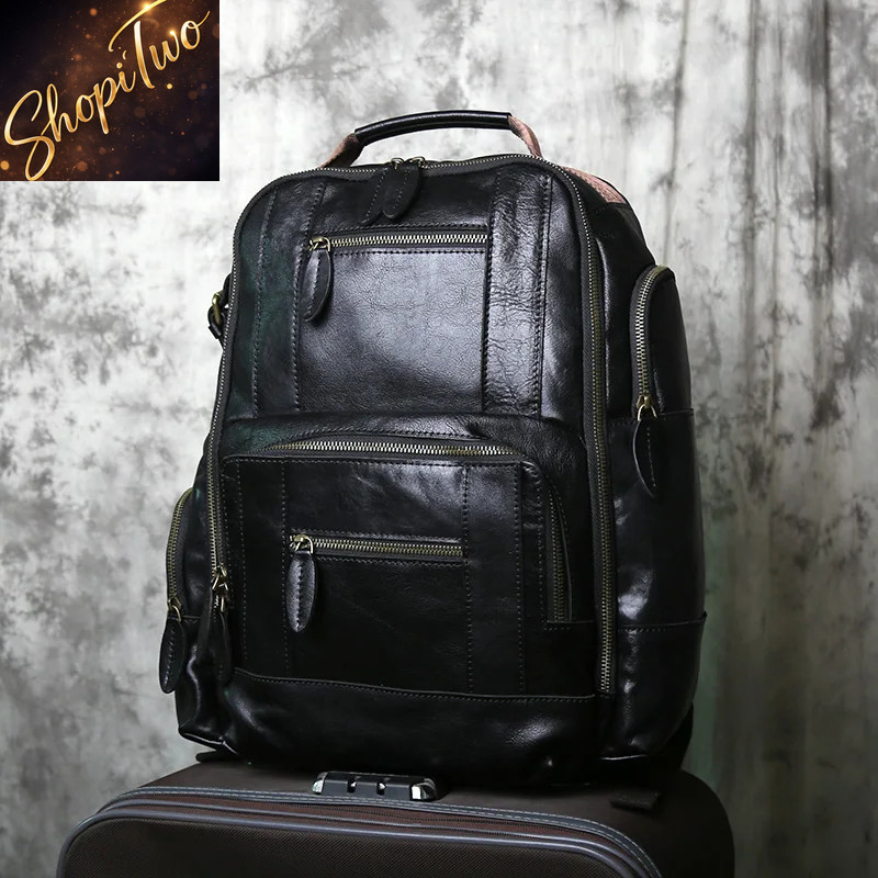 NZPJ Retro Genuine Leather Men Backpack Top Layer Cowhide Rucksack Fashion Man