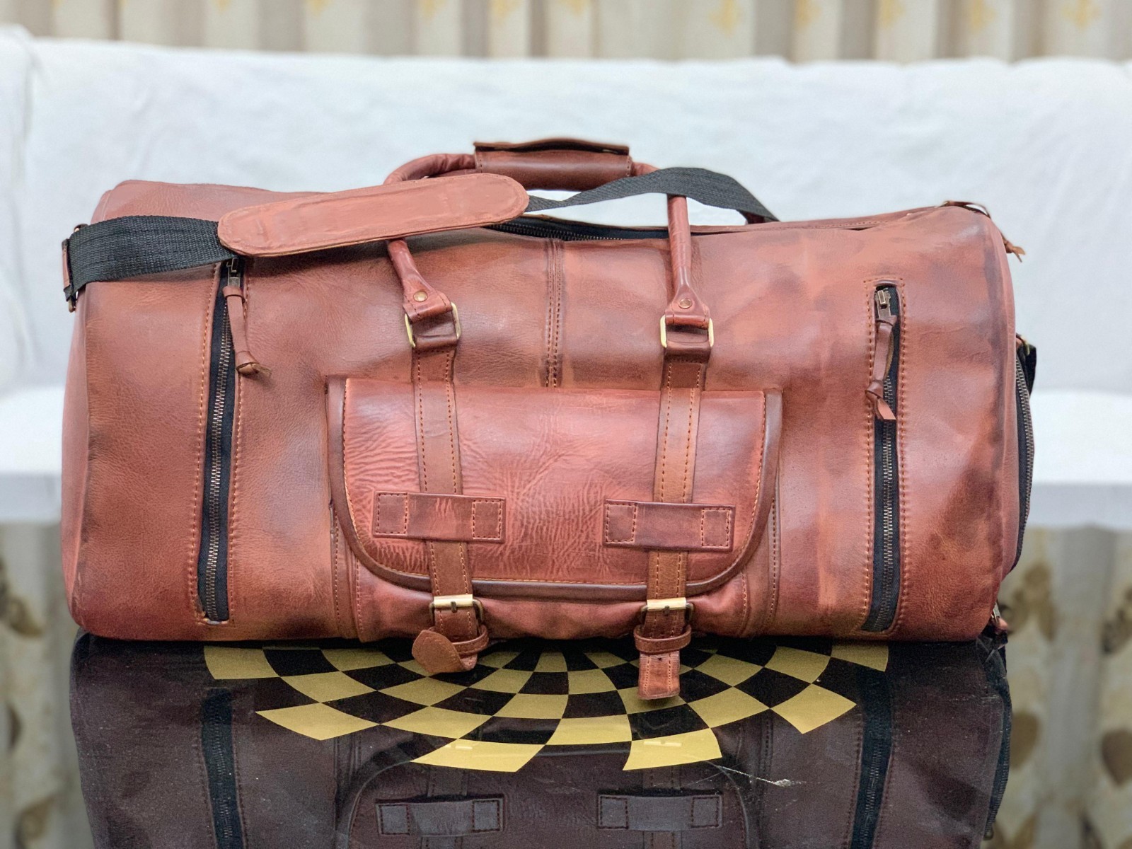 Genuine Leather duffle bag with Shoe Compartment Travel Overnight Gym Weekender