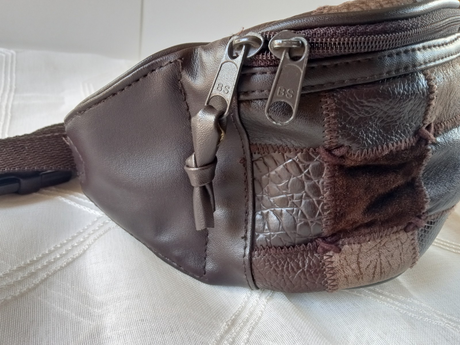 Vintage Brown Genuine Leather Patchwork Belt Bag Fanny Pack W/ Adjustable Strap