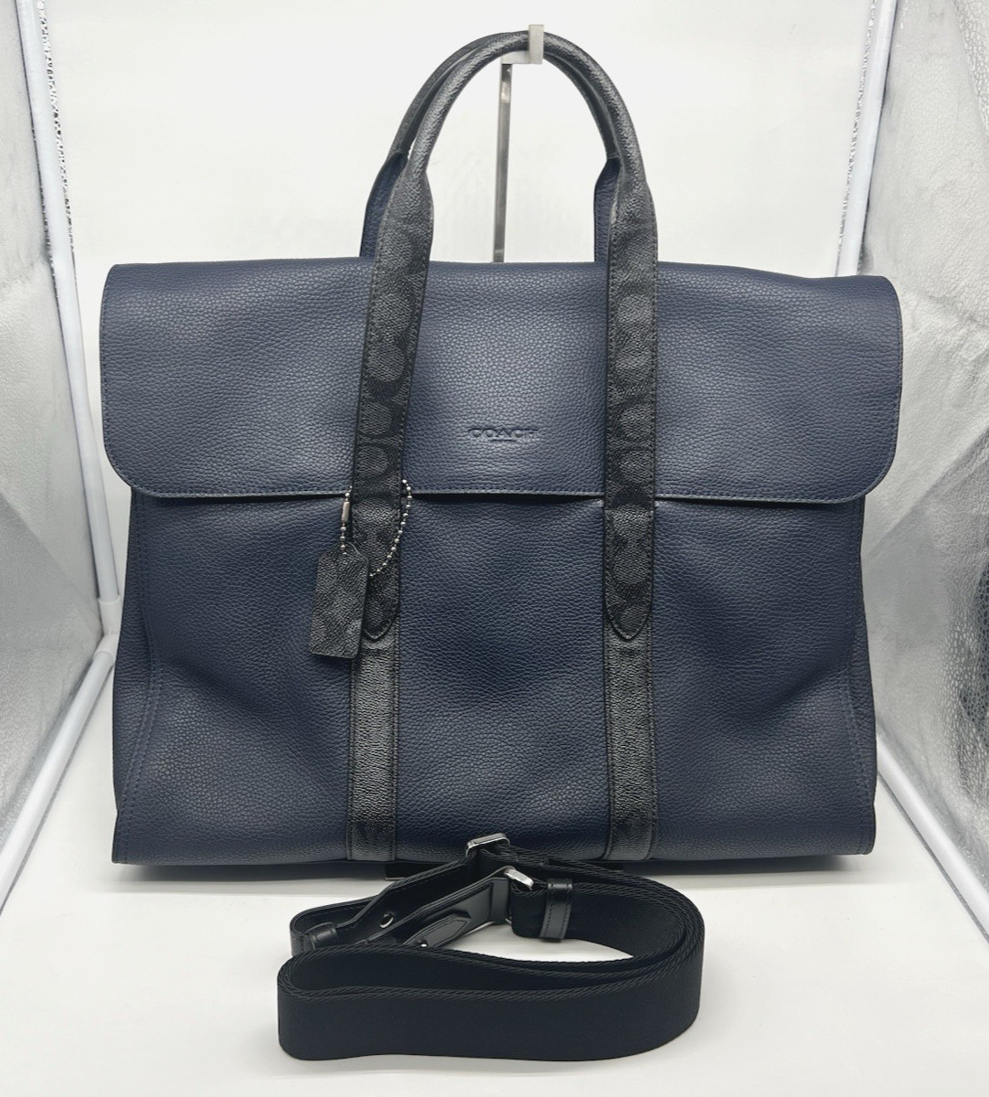 COACH Metropolitan Portfolio Navy Leather Signature Canvas Blocking Briefcase