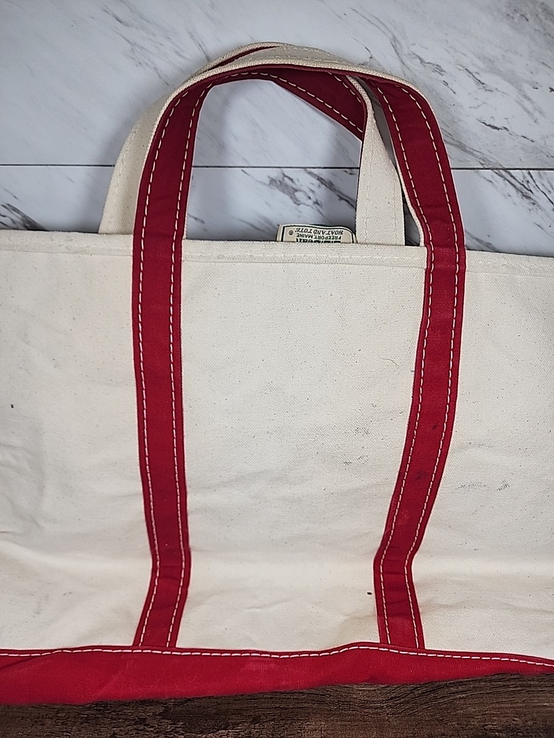 ☆Vintage☆ LL Bean Boat and Tote Bag Large Ivory Red Stiff Canvas Sawtooth Label