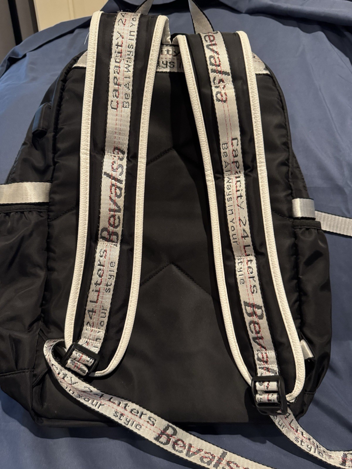 Bevalsa Black White Backpack with USB Port, Audio Pocket, Adjustable Straps