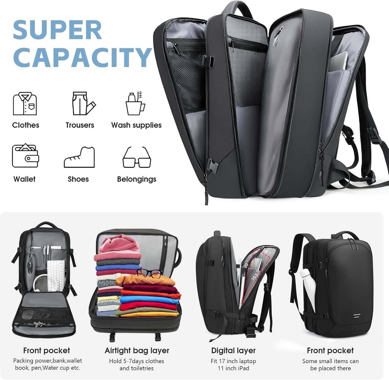 Vacuum Compression Backpack for Travel, 47L Expandable Backpack with Pump, 17 in
