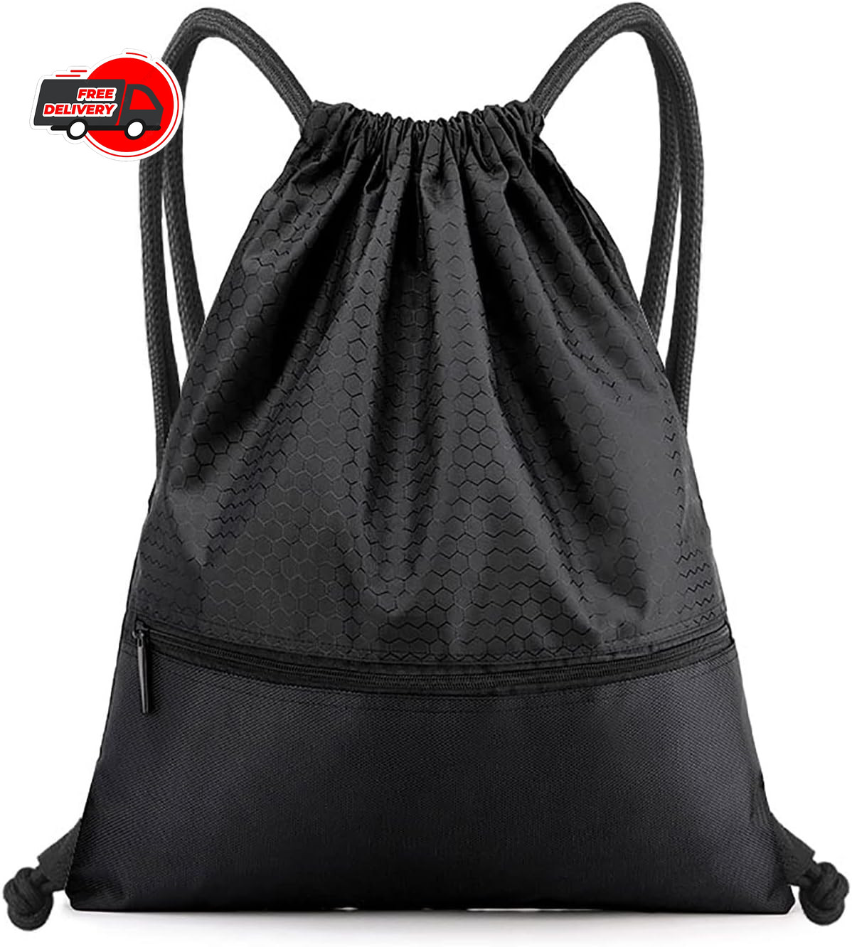 Drawstring Backpack Bag, Waterproof Draw String Back Sack with Zip Pocket, Gym D