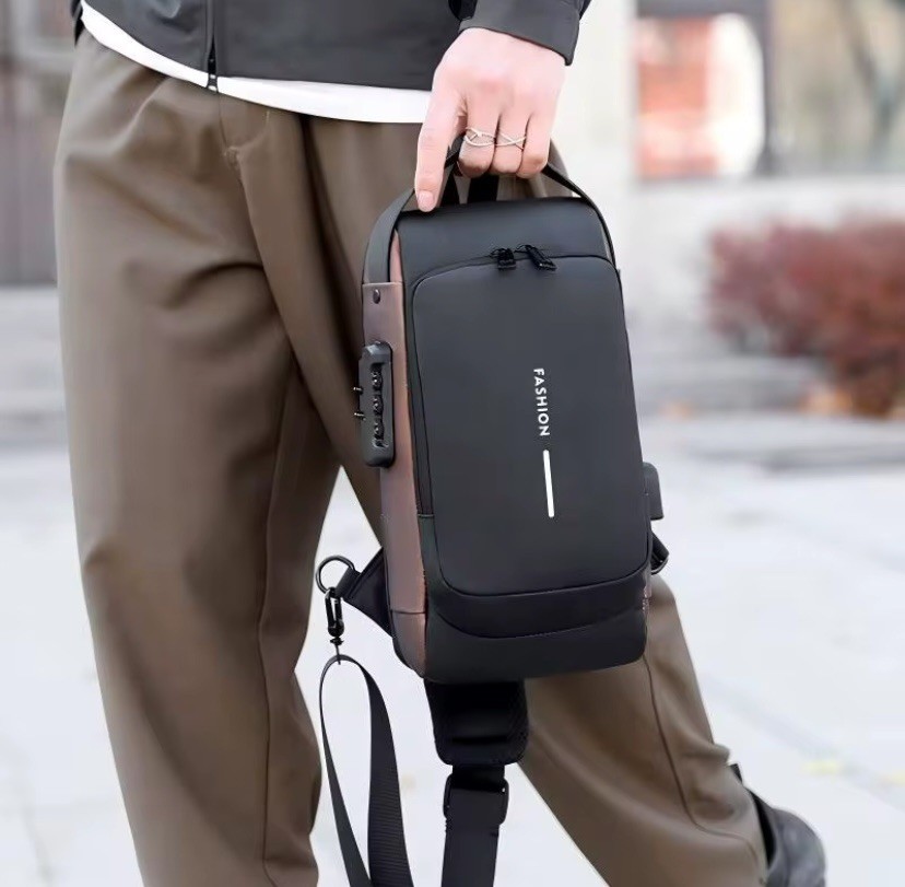 Men’s Sling Bag Waterproof Crossbody Backpack USB Anti Theft Chest Bag Black