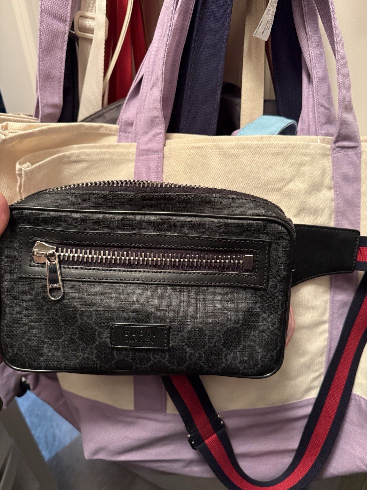 GUCCI Supreme Monogram Web Belt Bag Black Grey USED/ In Excellent Condition!