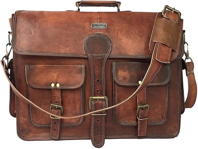 Retro Brown 20 Inch Buffalo Hunter Leather Laptop Messenger Bag Office Briefcase