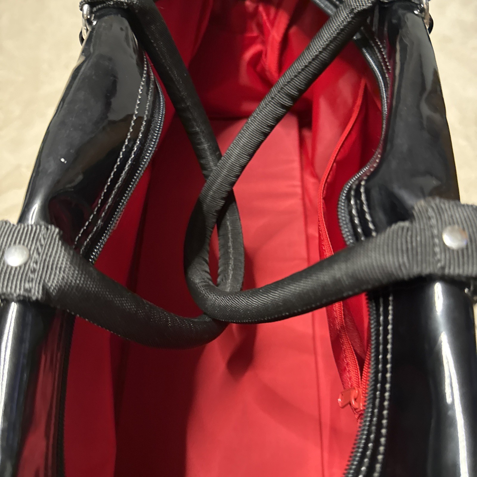 MINI Cooper Black Patent Duffel Bag Large 27” Weekender Red Lining Strap